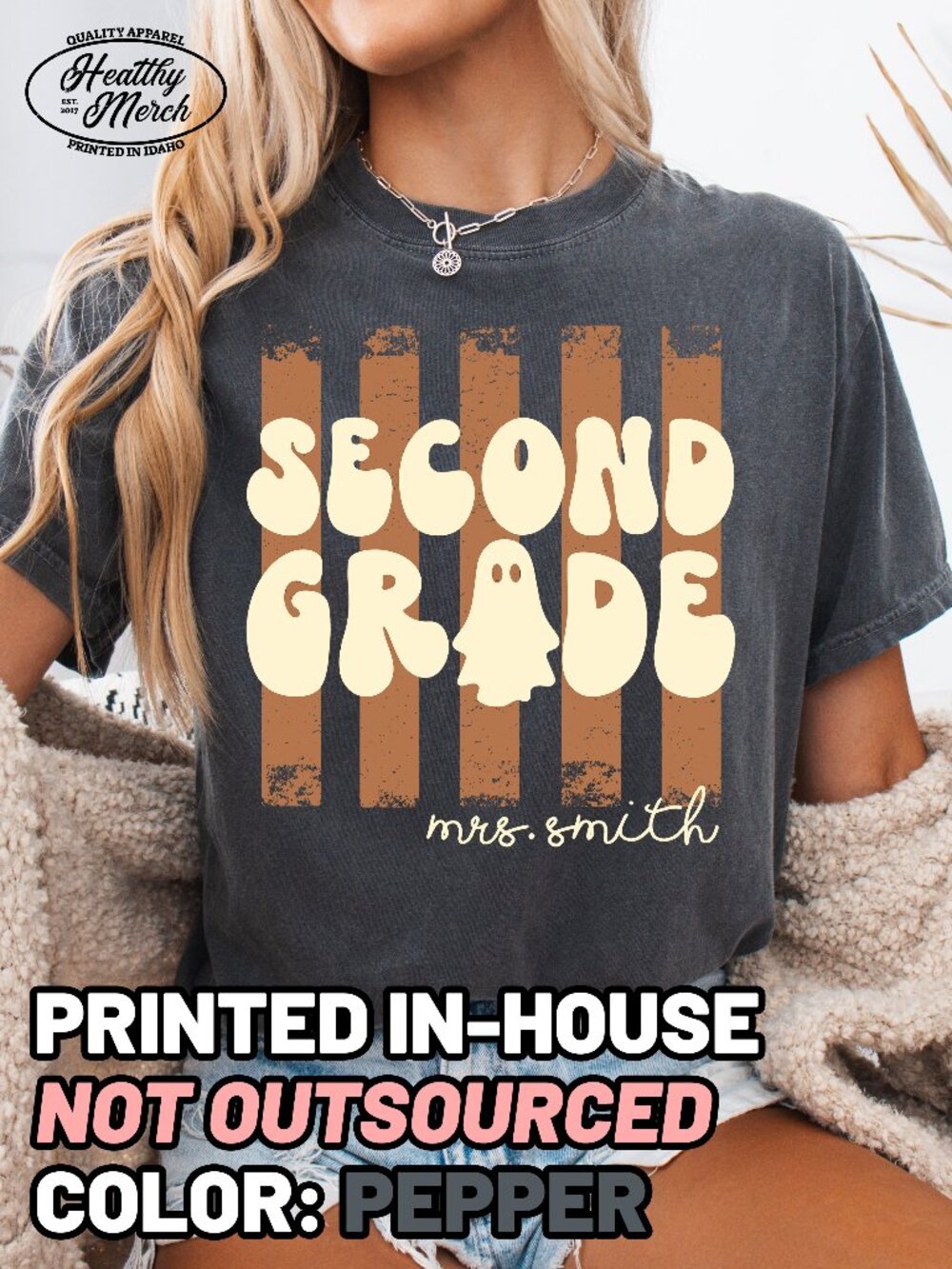 Second Grade Retro Stripe Halloween Teacher Shirt Comfort Colors Pepper